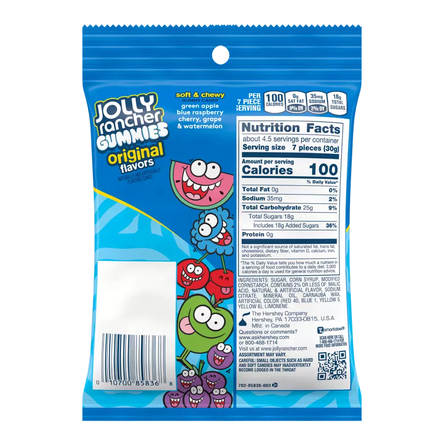 JOLLY RANCHER Gummies Original Flavors, 5 oz bag - Back of Package