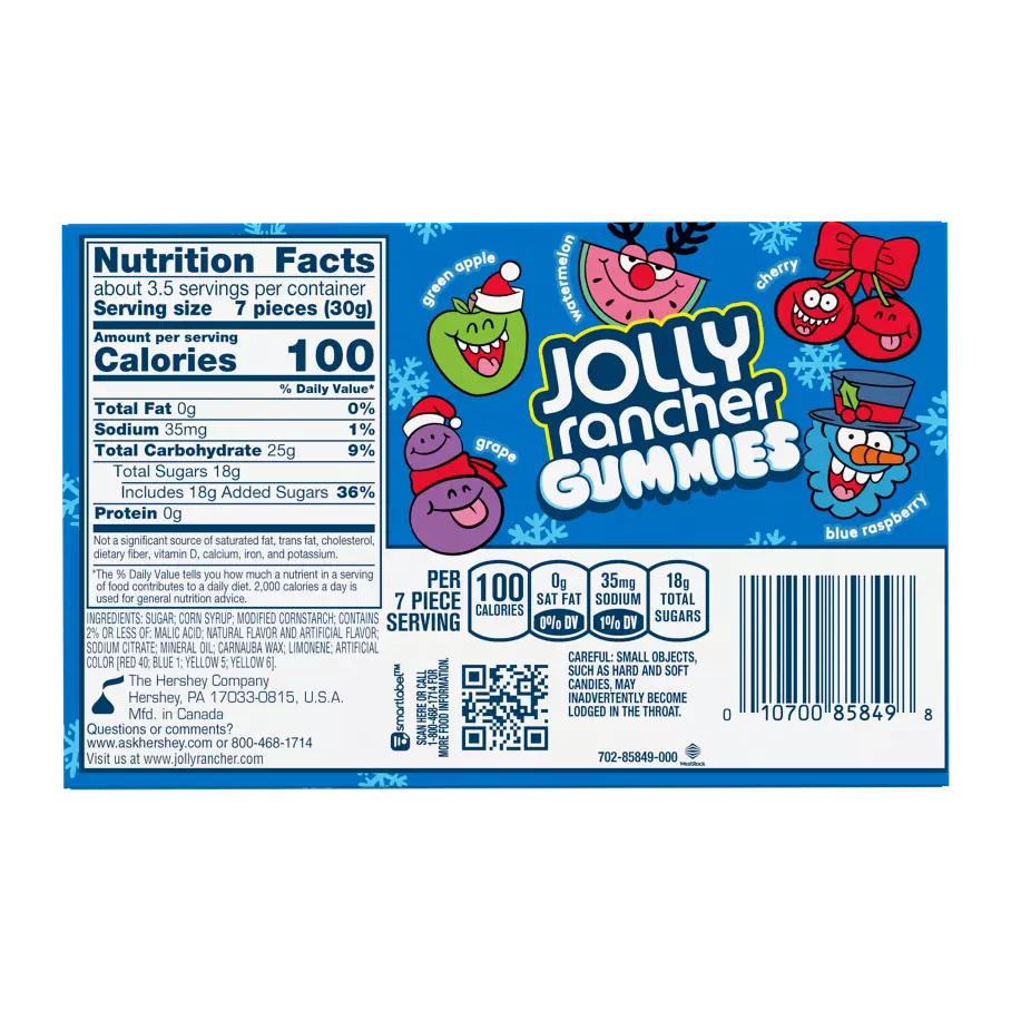 JOLLY RANCHER Gummies Holiday Original Flavors Candy, 3.5 oz box - Back of Package