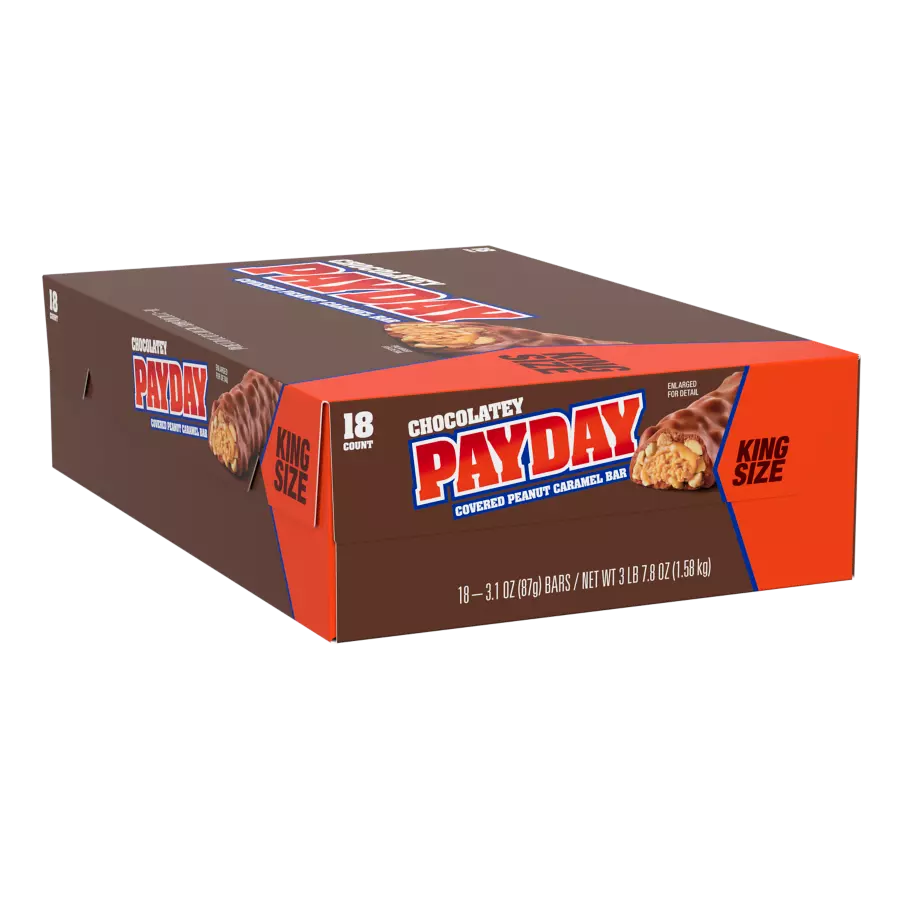 PAYDAY Chocolatey Covered Peanut and Caramel Candy Bars, 55.8 oz box, 18 pack - Front of Package