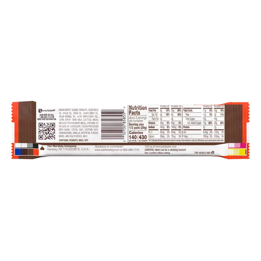 PAYDAY Chocolatey Covered Peanut and Caramel King Size Candy Bar, 3.1 oz - Back of Package