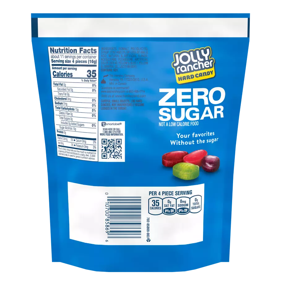 JOLLY RANCHER Zero Sugar Original Flavors Hard Candy, 6.1 oz bag - Back of Package