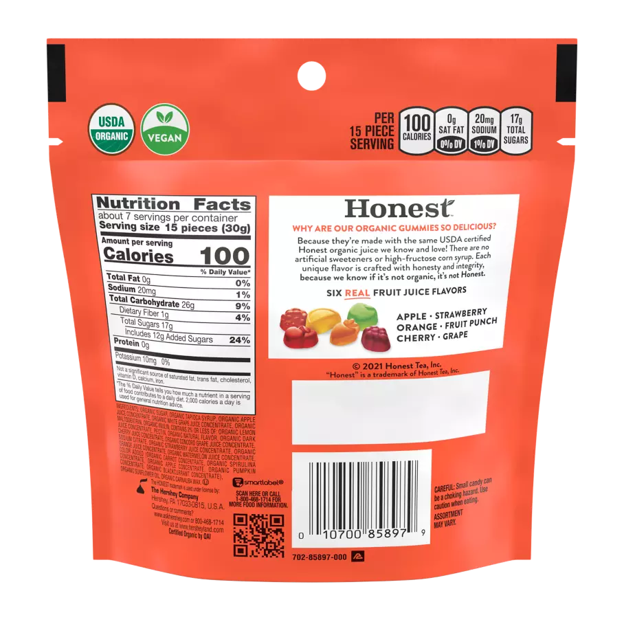 Honest™ Mixed Fruit Flavor Organic Gummies, 7 oz bag - Back of Package