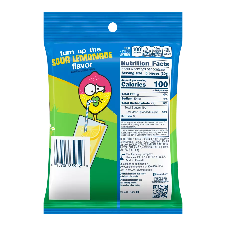 JOLLY RANCHER Gummies Sour Lemonade Stand Candy, 6.5 oz bag - Back of Package