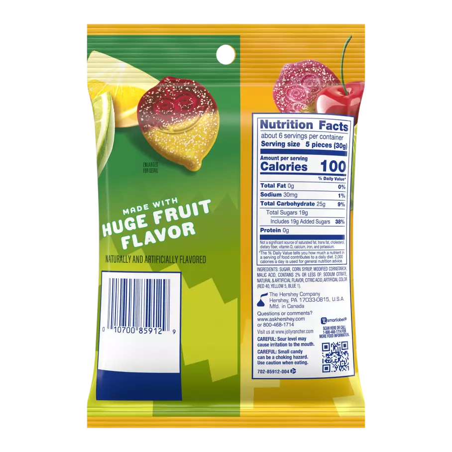 JOLLY RANCHER 2-in-1 Gummies Sour Lemonade, 6.5 oz bag - Back of Package