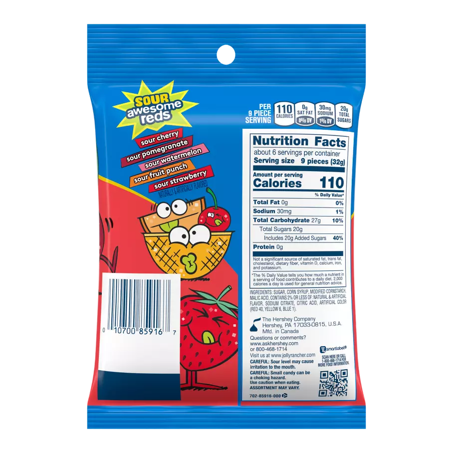 JOLLY RANCHER Gummies Sour Awesome Reds, 6.5 oz bag - Back of Package