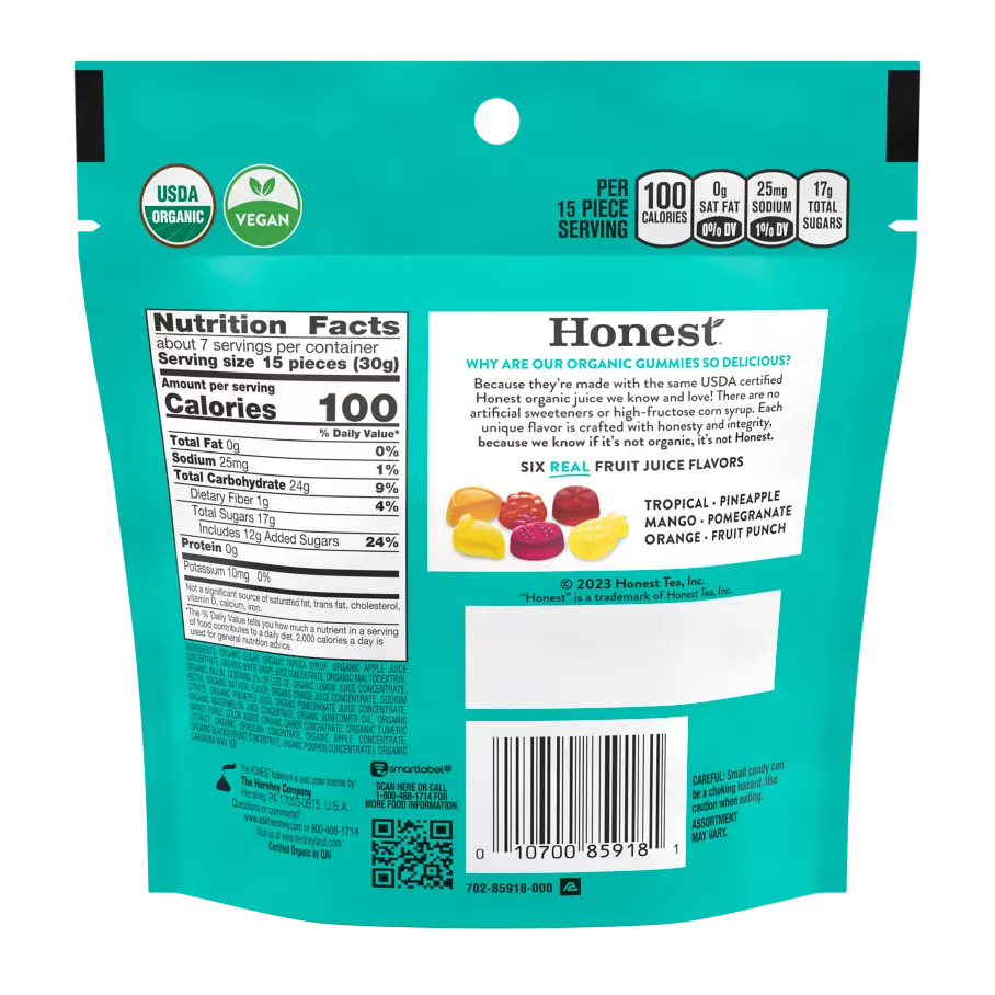 Honest™ Tropical Medley Flavor Organic Gummies, 7 oz bag - Back of Package