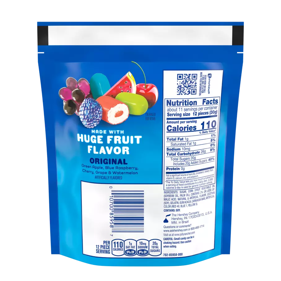 JOLLY RANCHER Chewy Poppers Original Flavors Candy, 12 oz bag - Back of Package