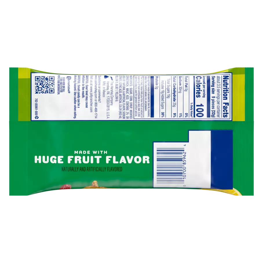 JOLLY RANCHER Gummies Sour Original Flavors King Size, 3.87 oz bag - Back of Package