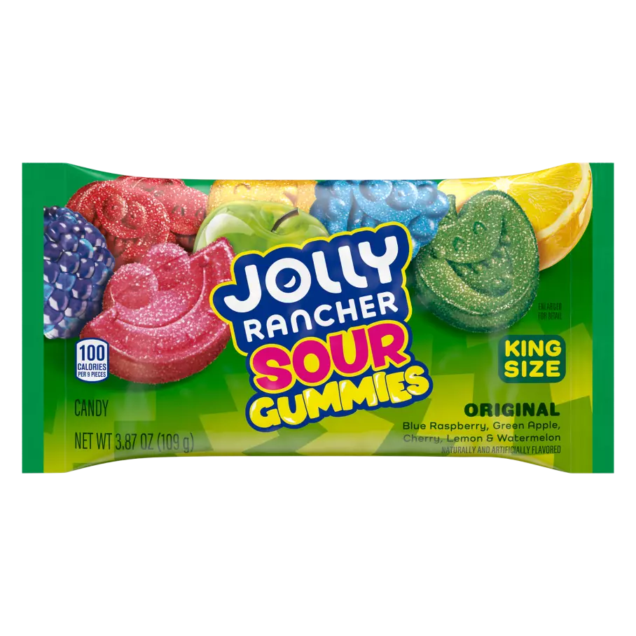 JOLLY RANCHER Gummies Sour Original Flavors King Size, 3.87 oz bag - Front of Package