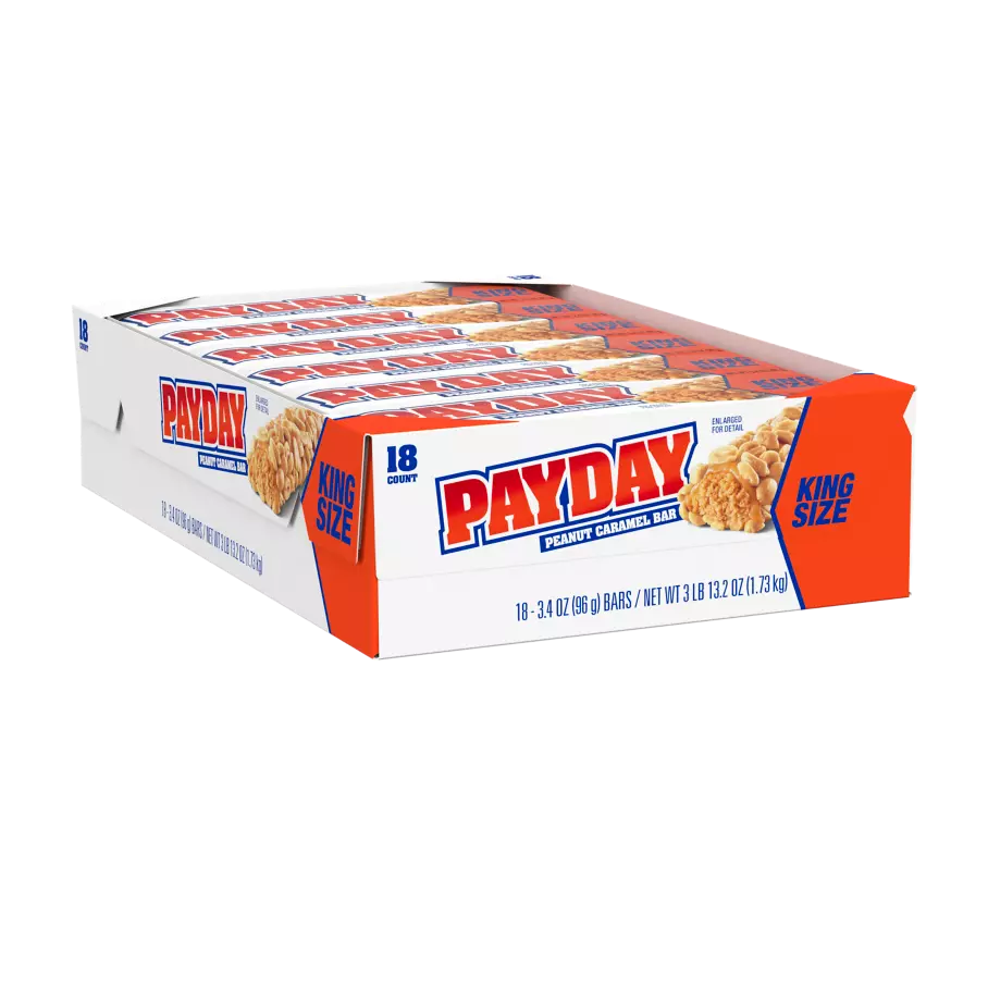 PAYDAY Peanut and Caramel King Size Candy Bars, 3.4 oz, 18 count box - Front of Package
