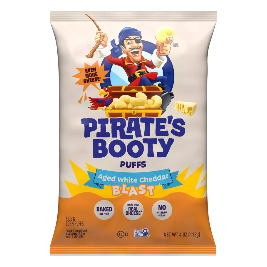 PIRATE'S BOOTY Aged White Cheddar Blast Rice & Corn Puffs, 4 oz bag - Front of Package