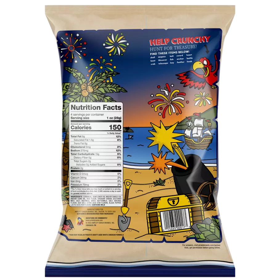 PIRATE'S BOOTY Cheddar Blast Extra White Cheddar Rice & Corn Puffs, 4 oz bag - Back of Package