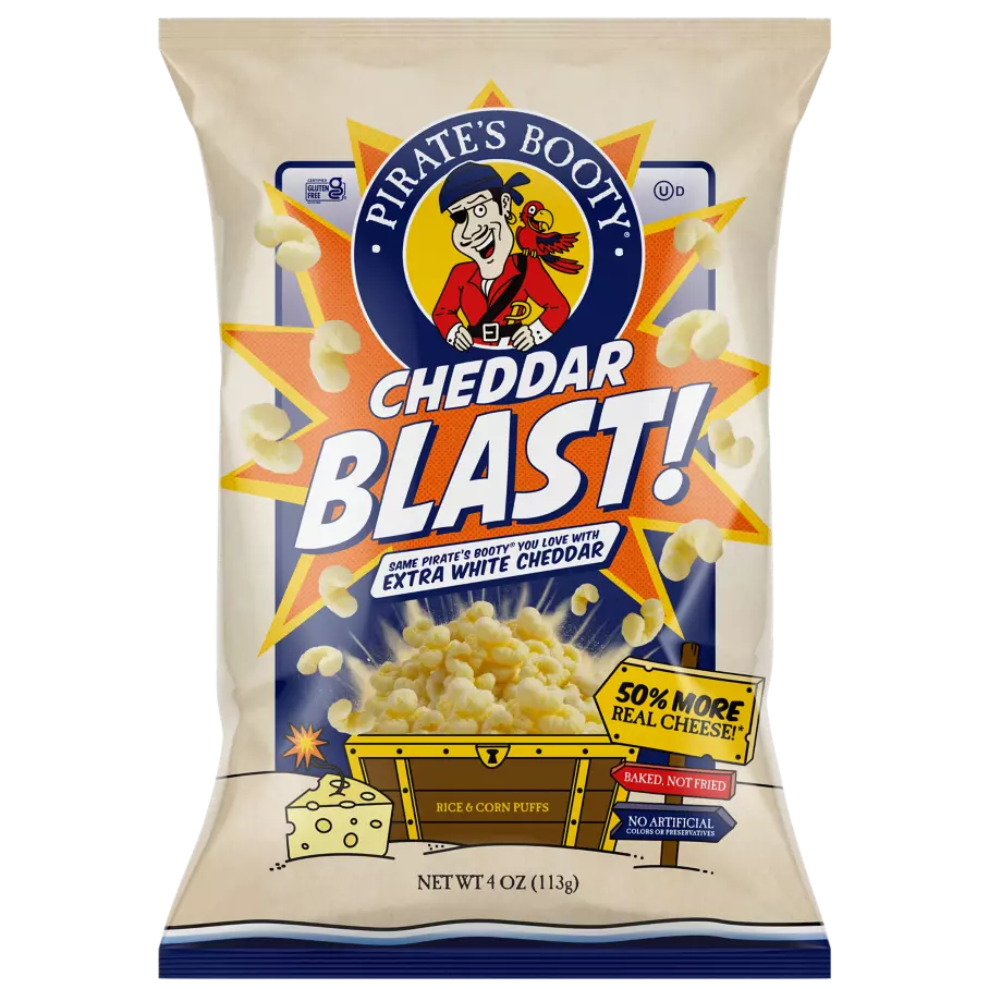 PIRATE'S BOOTY Cheddar Blast Extra White Cheddar Rice & Corn Puffs, 4 oz bag - Front of Package
