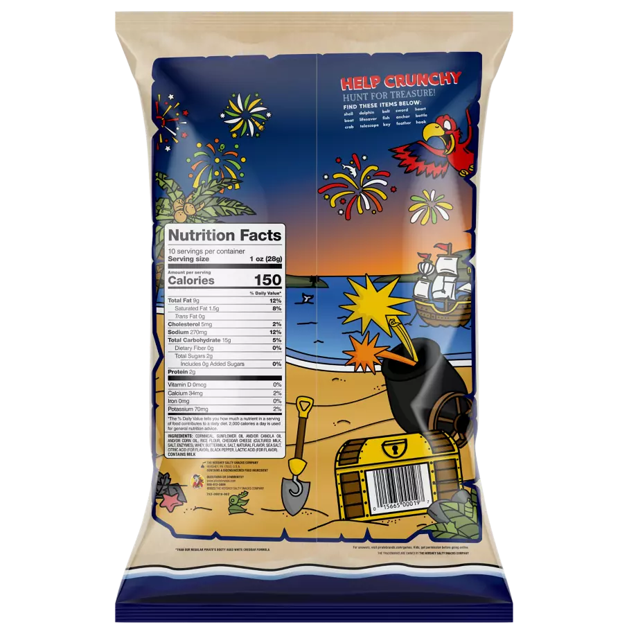 PIRATE'S BOOTY Cheddar Blast Extra White Cheddar Rice & Corn Puffs, 10 oz bag - Back of Package