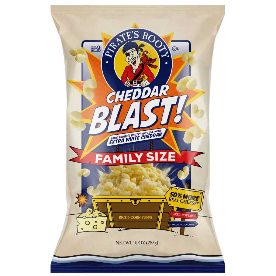 PIRATE'S BOOTY Cheddar Blast Extra White Cheddar Rice & Corn Puffs, 10 oz bag - Front of Package