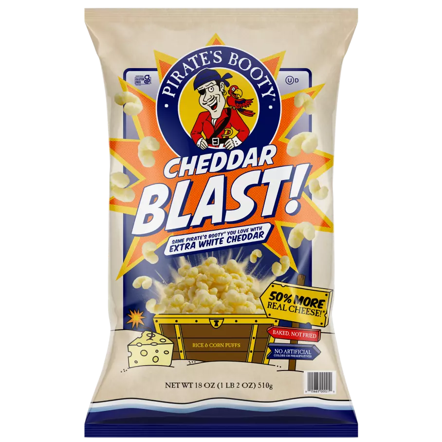 PIRATE'S BOOTY Cheddar Blast Extra White Cheddar Rice & Corn Puffs, 18 oz bag - Front of Package