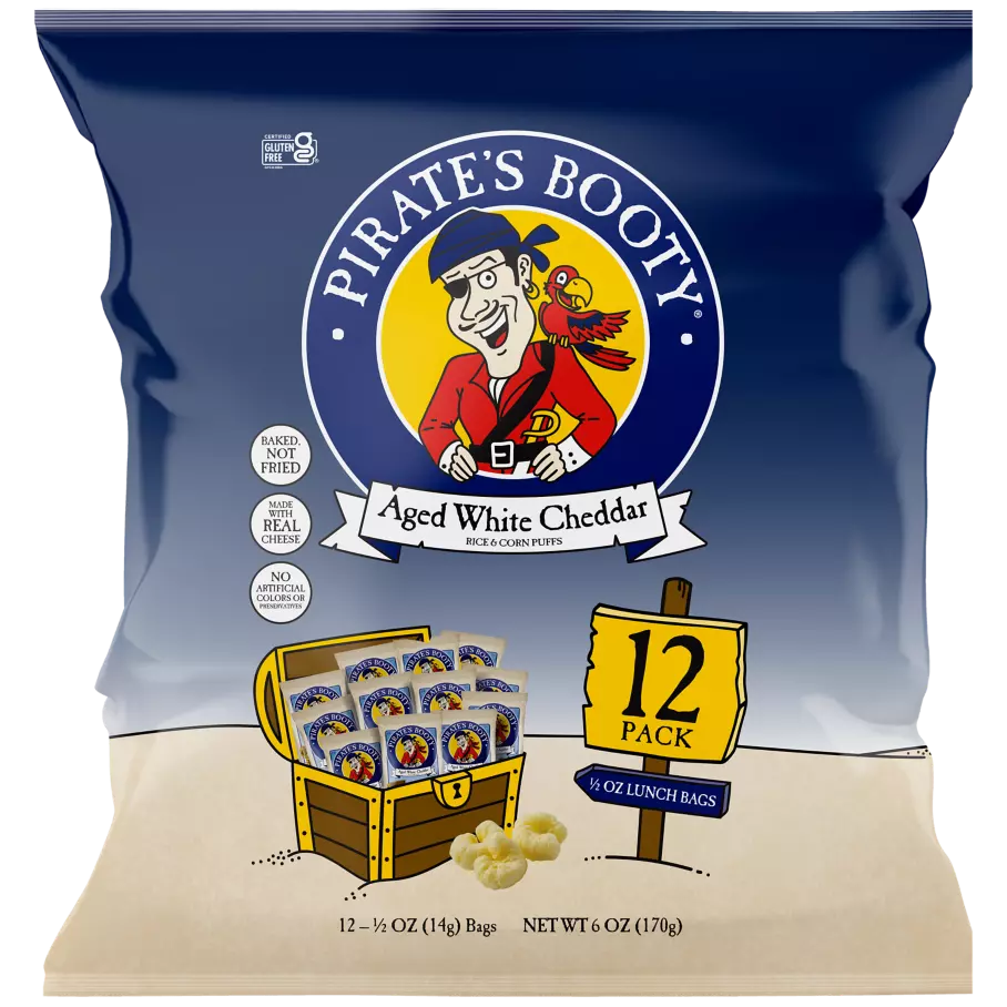 PIRATE'S BOOTY Aged White Cheddar Rice & Corn Puffs, 0.5 oz bag, 12 pack - Front of Package