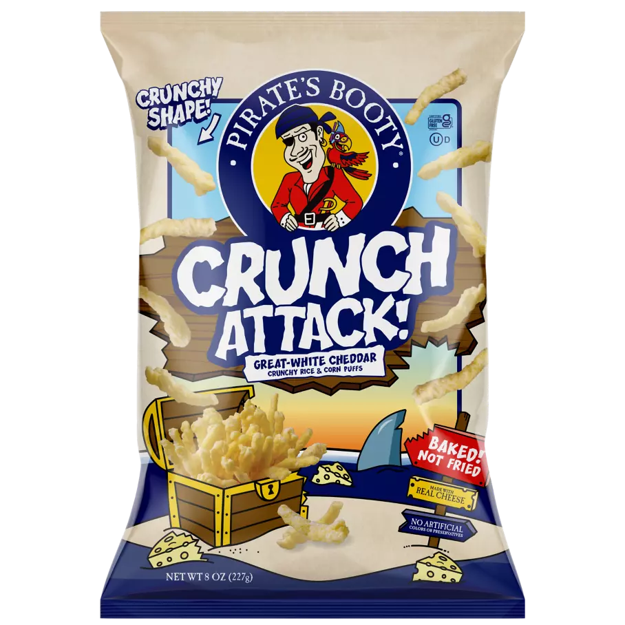 PIRATE'S BOOTY Crunch Attack Great-White Cheddar Rice & Corn Puffs, 8 oz bag - Front of Package