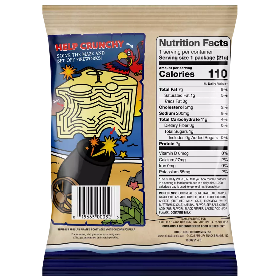 PIRATE'S BOOTY Cheddar Blast Extra White Cheddar Rice & Corn Puffs, 0.75 oz bag - Back of Package