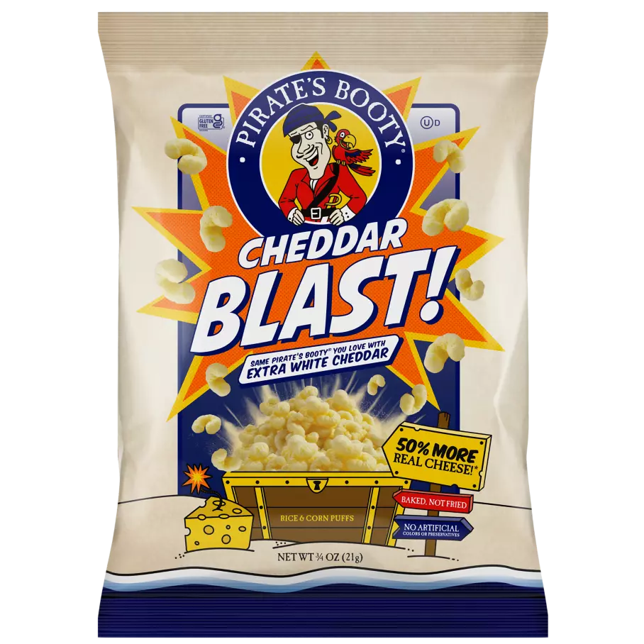 PIRATE'S BOOTY Cheddar Blast Extra White Cheddar Rice & Corn Puffs, 0.75 oz bag - Front of Package