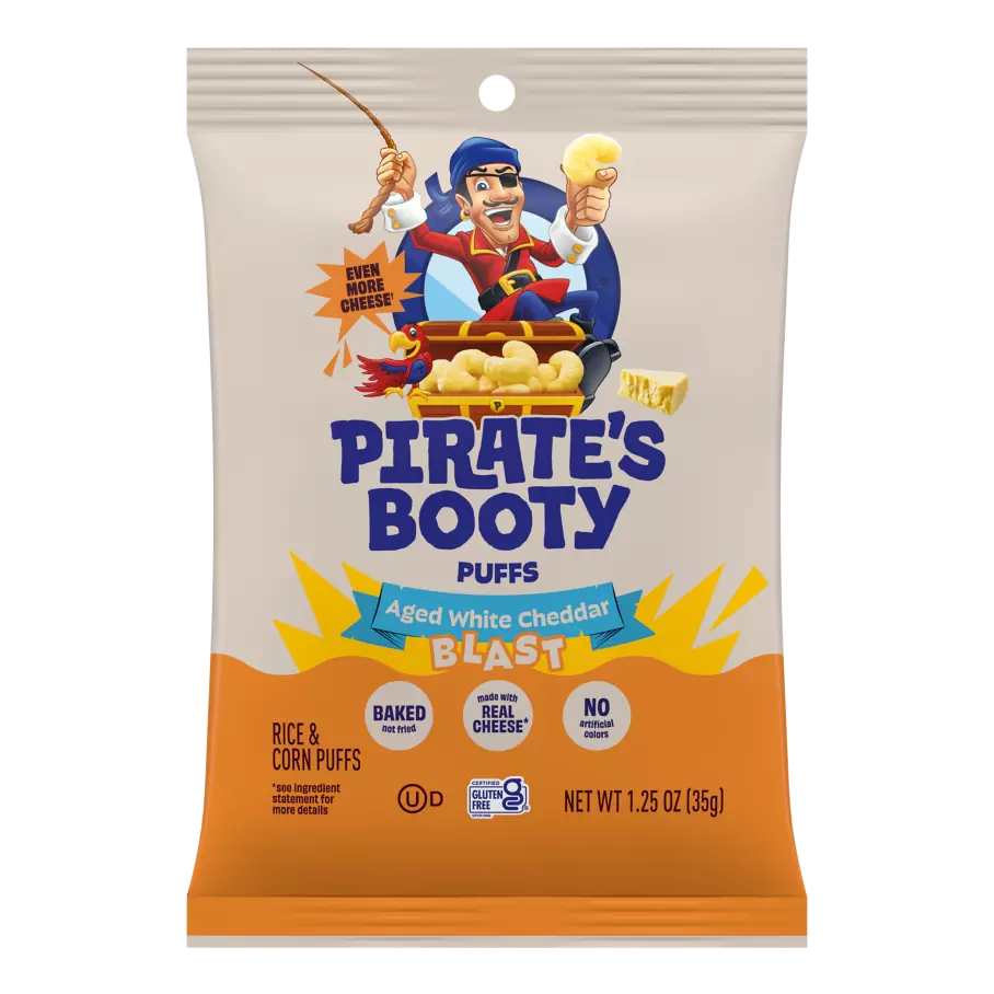 PIRATE'S BOOTY Aged White Cheddar Blast Rice & Corn Puffs, 1.25 oz bag - Front of Package
