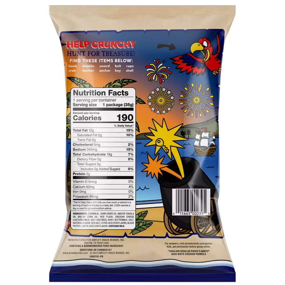 PIRATE'S BOOTY Cheddar Blast Extra White Cheddar Rice & Corn Puffs, 1.25 oz bag - Back of Package