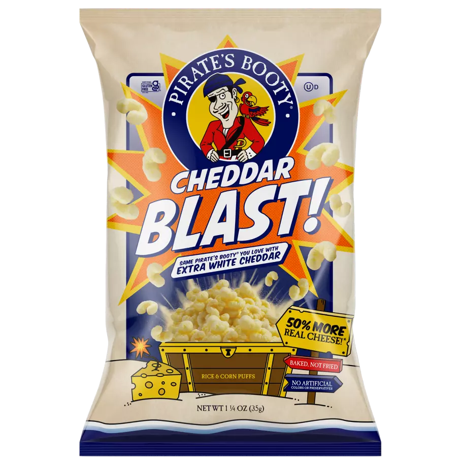 PIRATE'S BOOTY Cheddar Blast Extra White Cheddar Rice & Corn Puffs, 1.25 oz bag - Front of Package