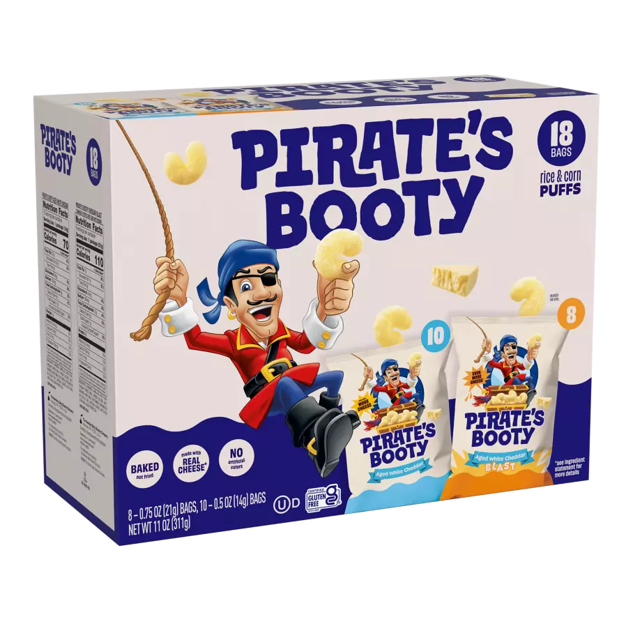PIRATE'S BOOTY Variety Pack Rice & Corn Puffs, 11 oz, 18 count box - Front of Package