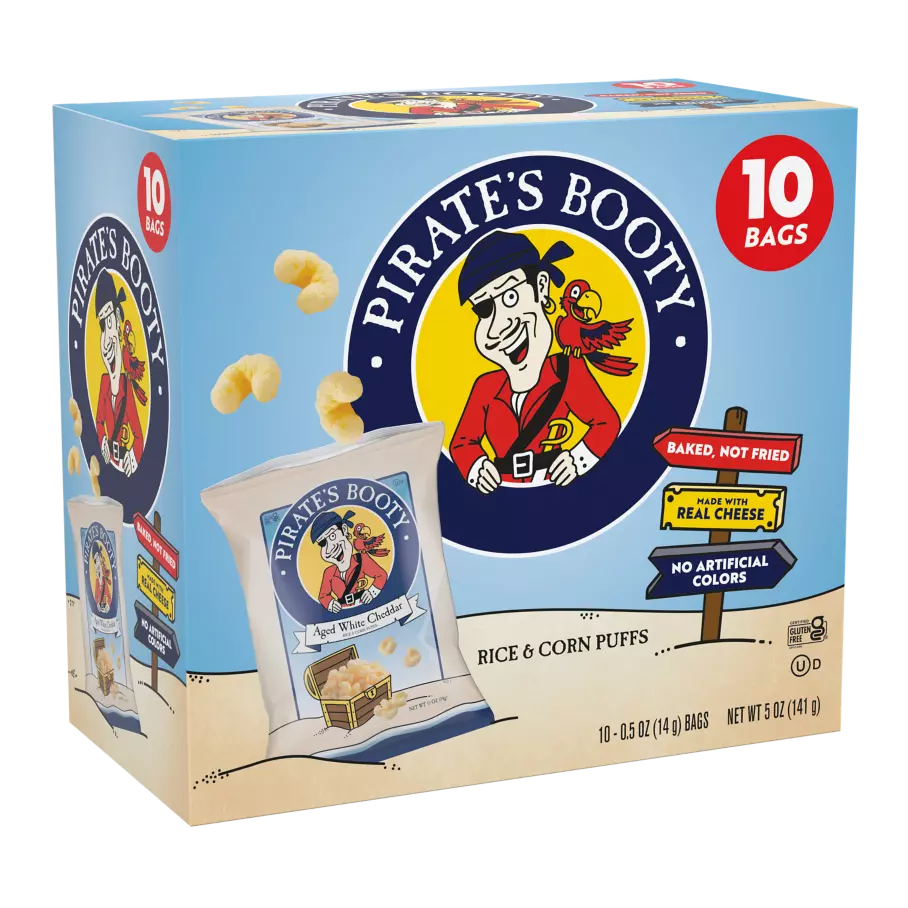PIRATE'S BOOTY Aged White Cheddar Rice & Corn Puffs, 0.5 oz, 10 pack - Front of Package