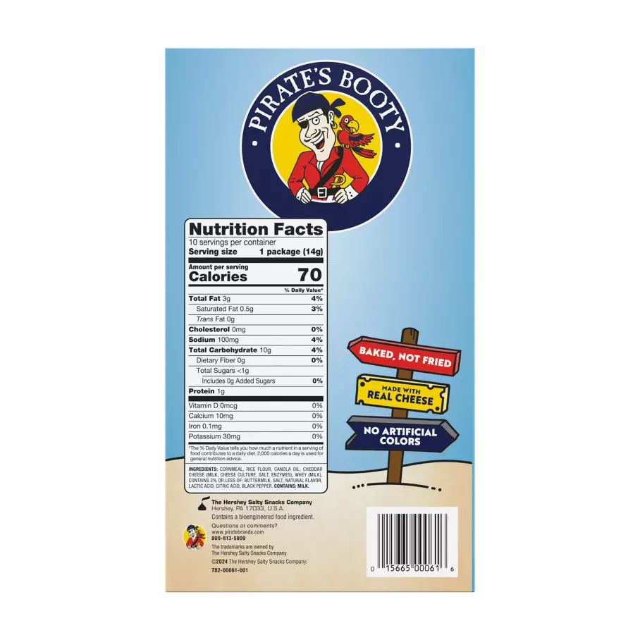 PIRATE'S BOOTY Aged White Cheddar Rice & Corn Puffs, 0.5 oz, 10 pack - Back of Package
