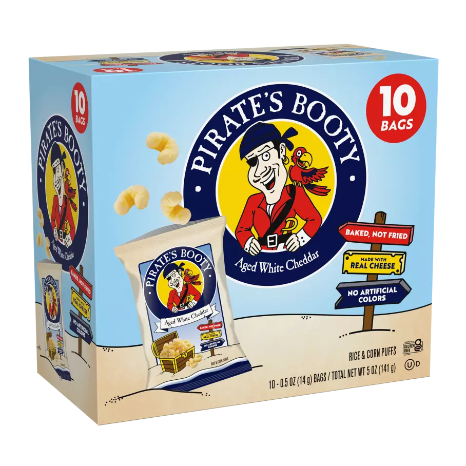 PIRATE'S BOOTY Aged White Cheddar Rice & Corn Puffs, 0.5 oz, 10 pack - Front of Package