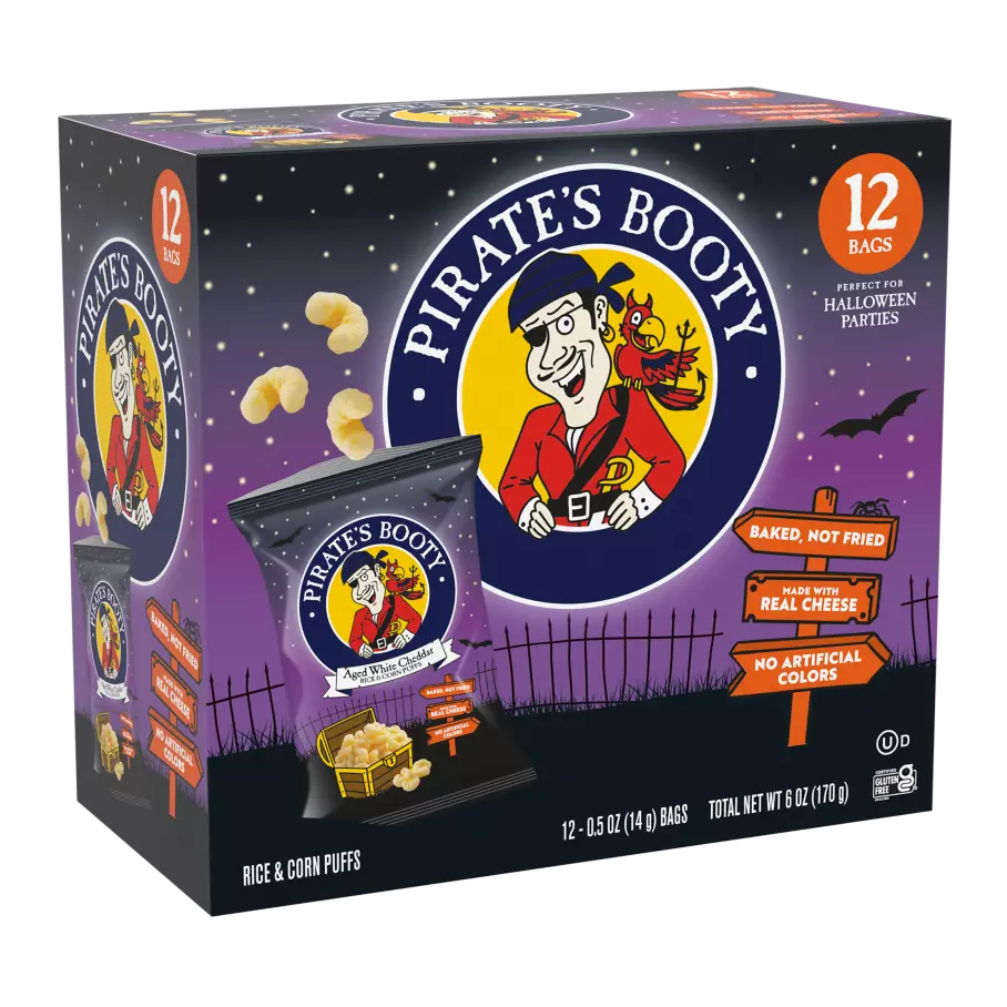 PIRATE'S BOOTY Spooky Pack Aged White Cheddar Rice & Corn Puffs, 0.5 oz bag, 12 count box - Front of Package