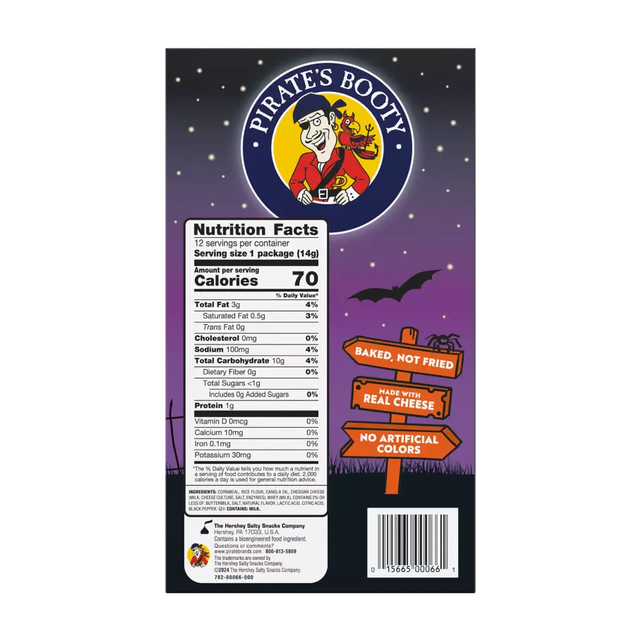 PIRATE'S BOOTY Spooky Pack Aged White Cheddar Rice & Corn Puffs, 0.5 oz bag, 12 count box - Back of Package
