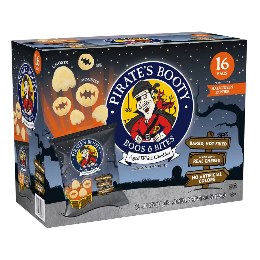 PIRATE'S BOOTY Boo's & Bites Aged White Cheddar Rice & Corn Puffs, 0.5 oz bag, 16 count box - Front of Package