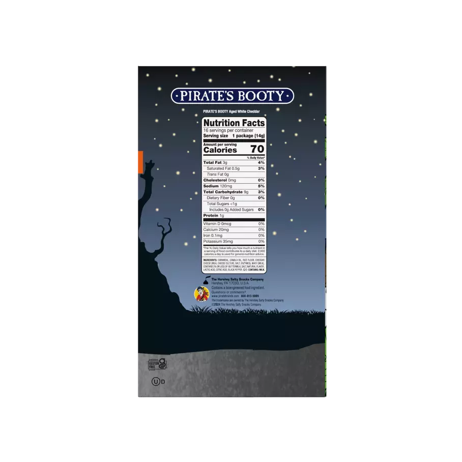PIRATE'S BOOTY Boo's & Bites Aged White Cheddar Rice & Corn Puffs, 0.5 oz bag, 16 count box - Back of Package