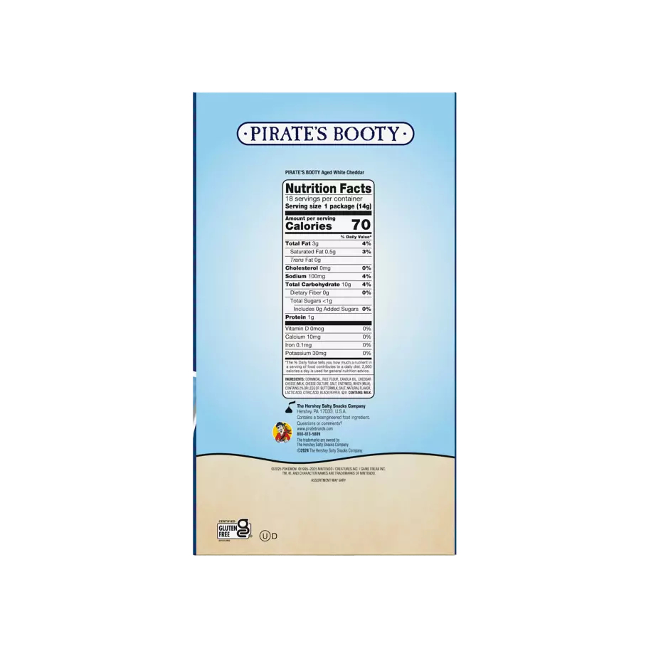 PIRATE'S BOOTY Pokémon Special Edition Aged White Cheddar Rice & Corn Puffs, 0.5 oz bag, 18 pack - Back of Package