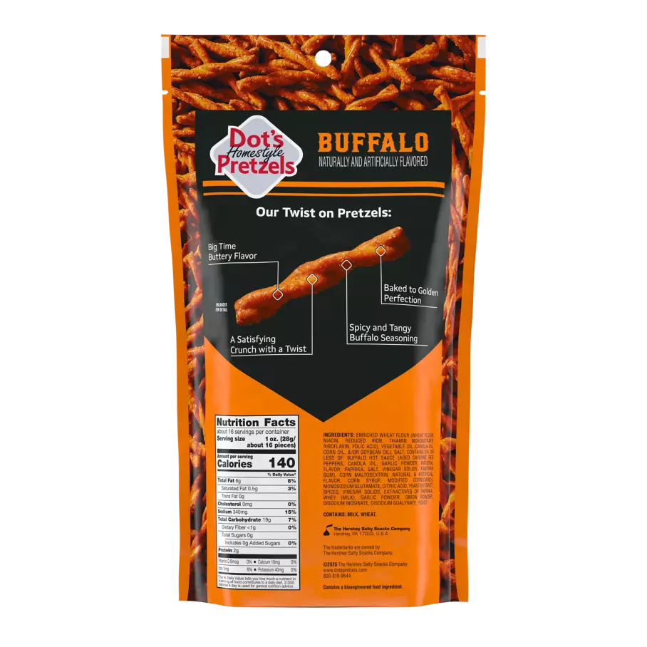 DOT'S HOMESTYLE PRETZELS Buffalo Seasoned Pretzel Twists, 16 oz bag - Back of Package