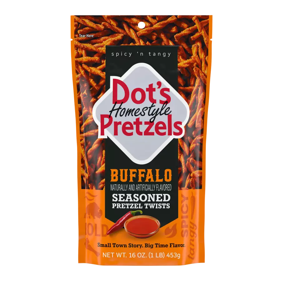 DOT'S HOMESTYLE PRETZELS Buffalo Seasoned Pretzel Twists, 16 oz bag - Front of Package