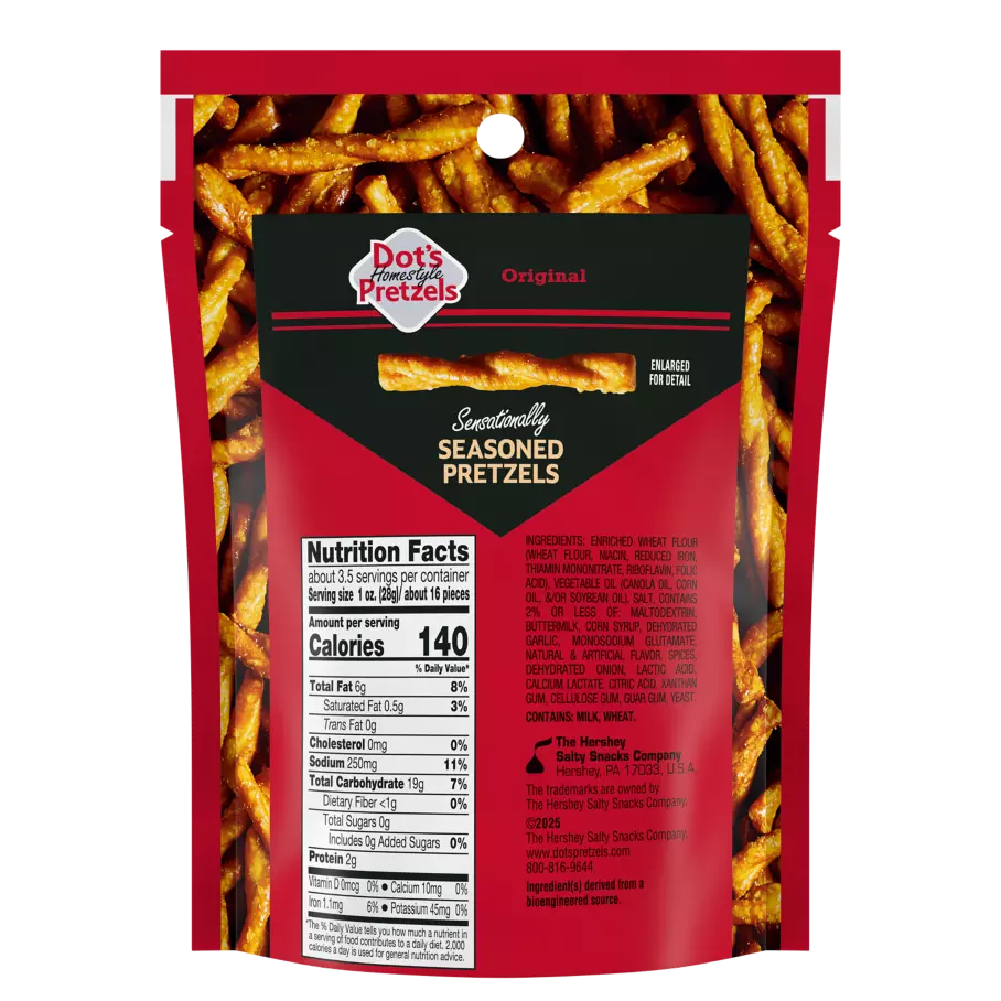 DOT'S HOMESTYLE PRETZELS Original Seasoned Pretzel Twists, 3.3 oz bag - Back of Package