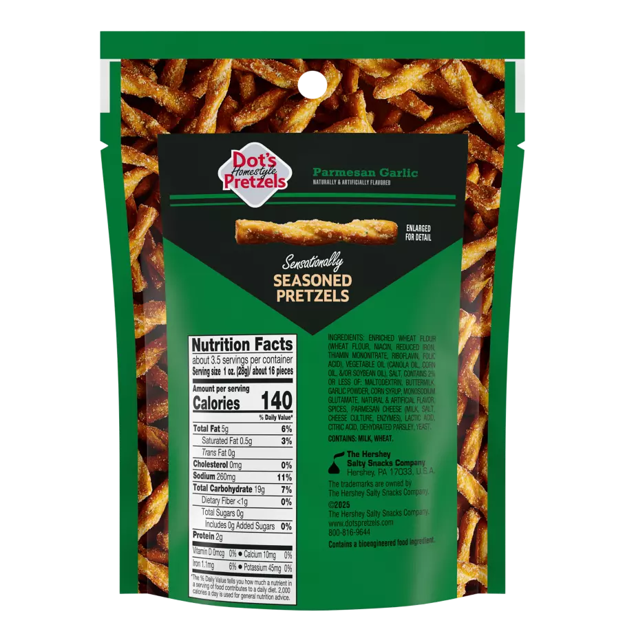 DOT'S HOMESTYLE PRETZELS Parmesan Garlic Seasoned Pretzel Twists, 3.3 oz bag - Back of Package