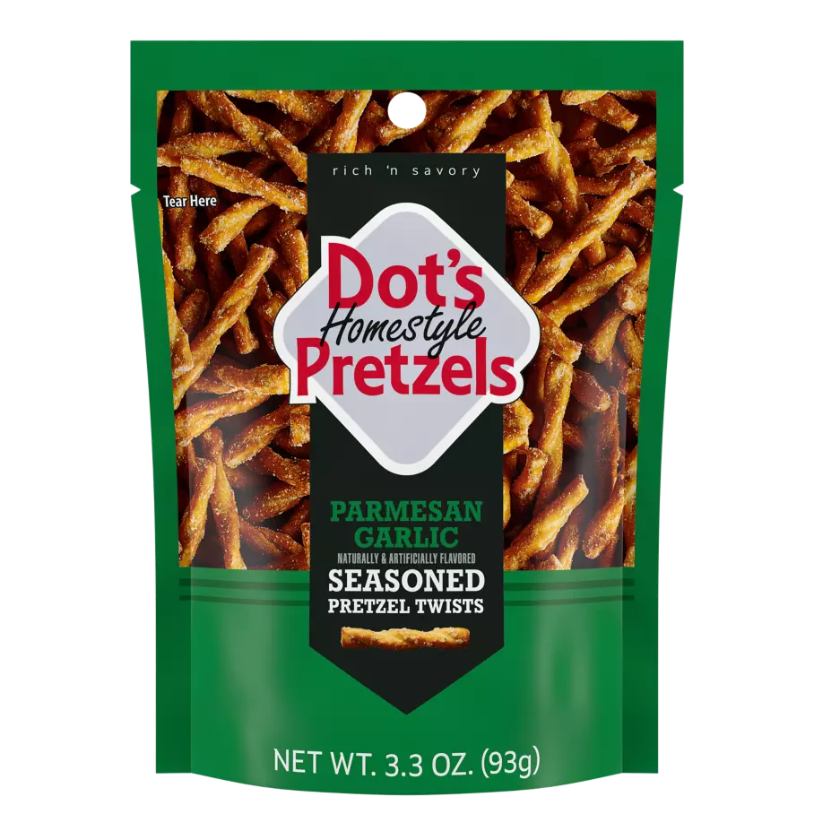 DOT'S HOMESTYLE PRETZELS Parmesan Garlic Seasoned Pretzel Twists, 3.3 oz bag - Front of Package