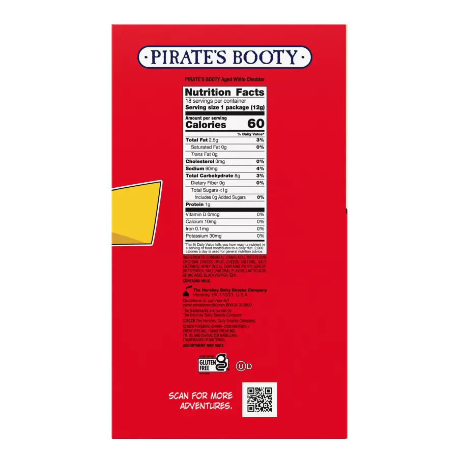 PIRATE'S BOOTY Pokémon Pikachu Shaped Aged White Cheddar Rice & Corn Puffs, 0.45 oz bag, 18 pack - Back of Package