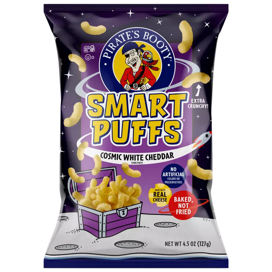 PIRATE'S BOOTY Smart Puffs Cosmic White Cheddar Corn Puffs, 4.5 oz bag - Front of Package