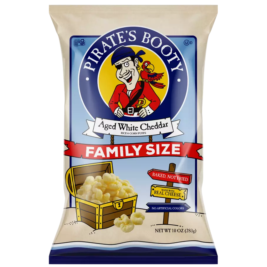 PIRATE'S BOOTY Aged White Cheddar Rice & Corn Puffs, 10 oz bag - Front of Package