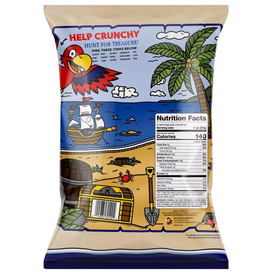 PIRATE'S BOOTY Aged White Cheddar Rice & Corn Puffs, 4 oz bag - Back of Package