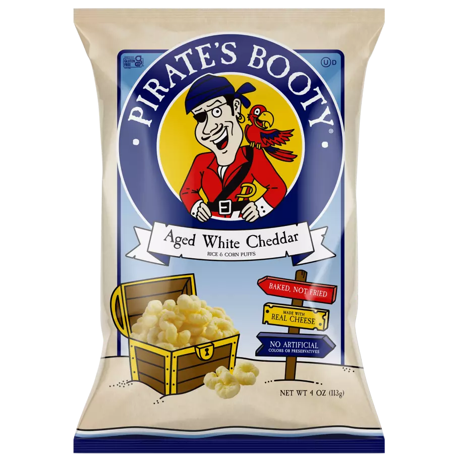 PIRATE'S BOOTY Aged White Cheddar Rice & Corn Puffs, 4 oz bag - Front of Package