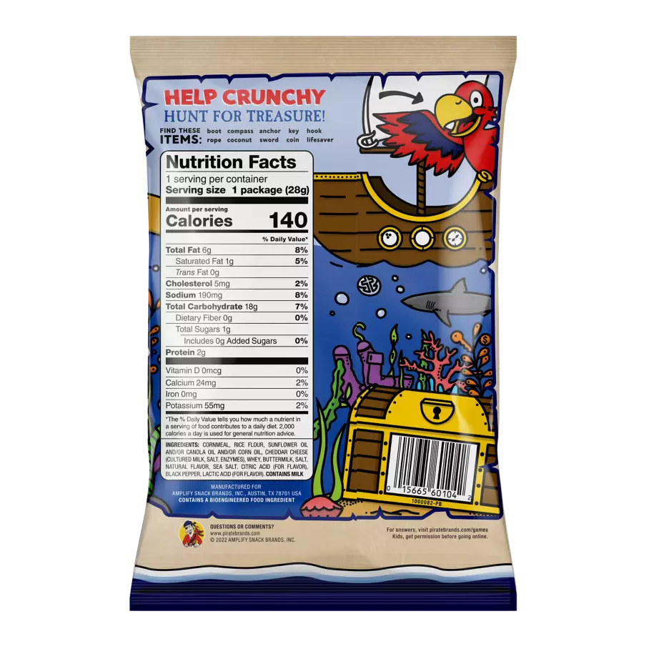PIRATE'S BOOTY Aged White Cheddar Rice & Corn Puffs, 1 oz bag - Back of Package