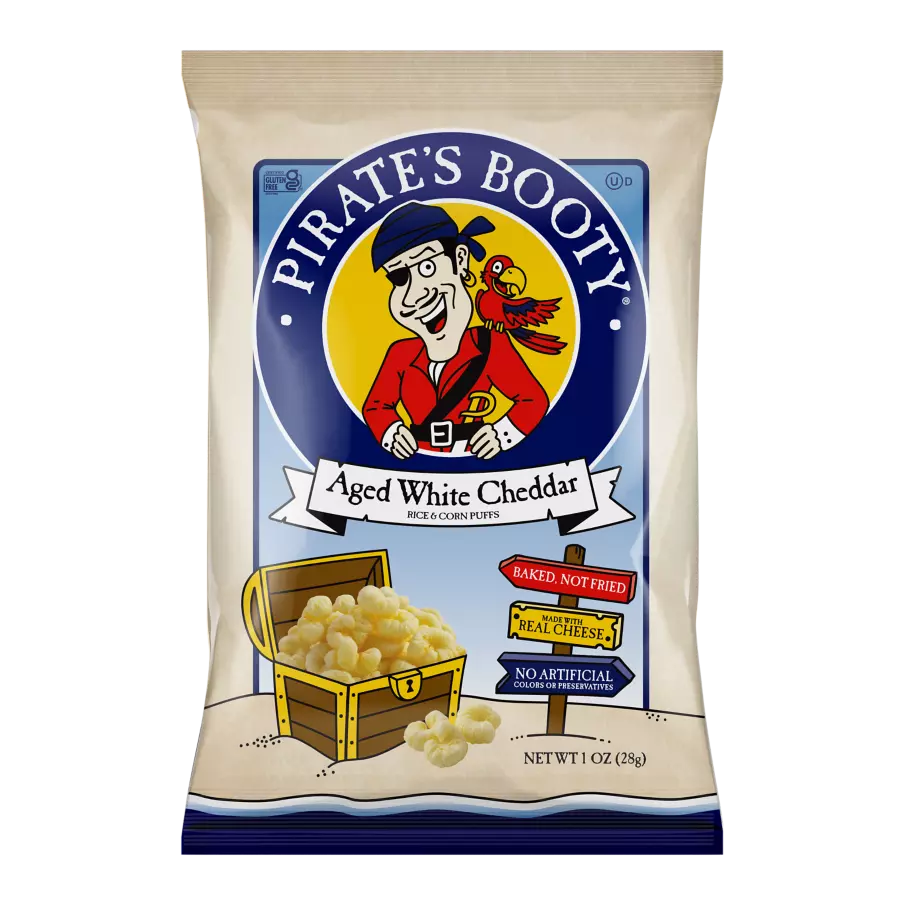 PIRATE'S BOOTY Aged White Cheddar Rice & Corn Puffs, 1 oz bag - Front of Package
