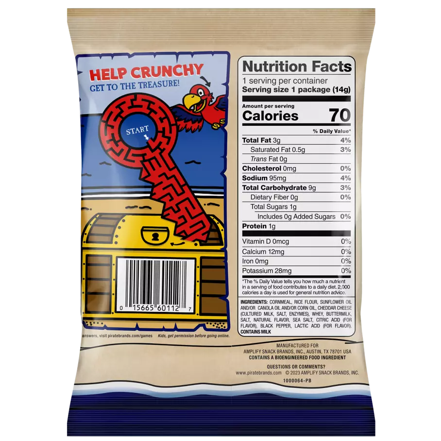 PIRATE'S BOOTY Aged White Cheddar Rice & Corn Puffs, 0.5 oz bag - Back of Package