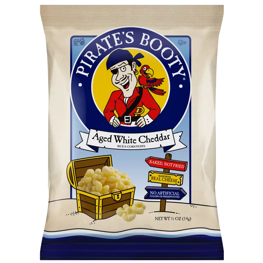 PIRATE'S BOOTY Aged White Cheddar Rice & Corn Puffs, 0.5 oz bag - Front of Package
